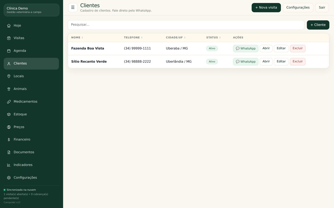 Lista de clientes do CampoVet com botão de contato direto pelo WhatsApp