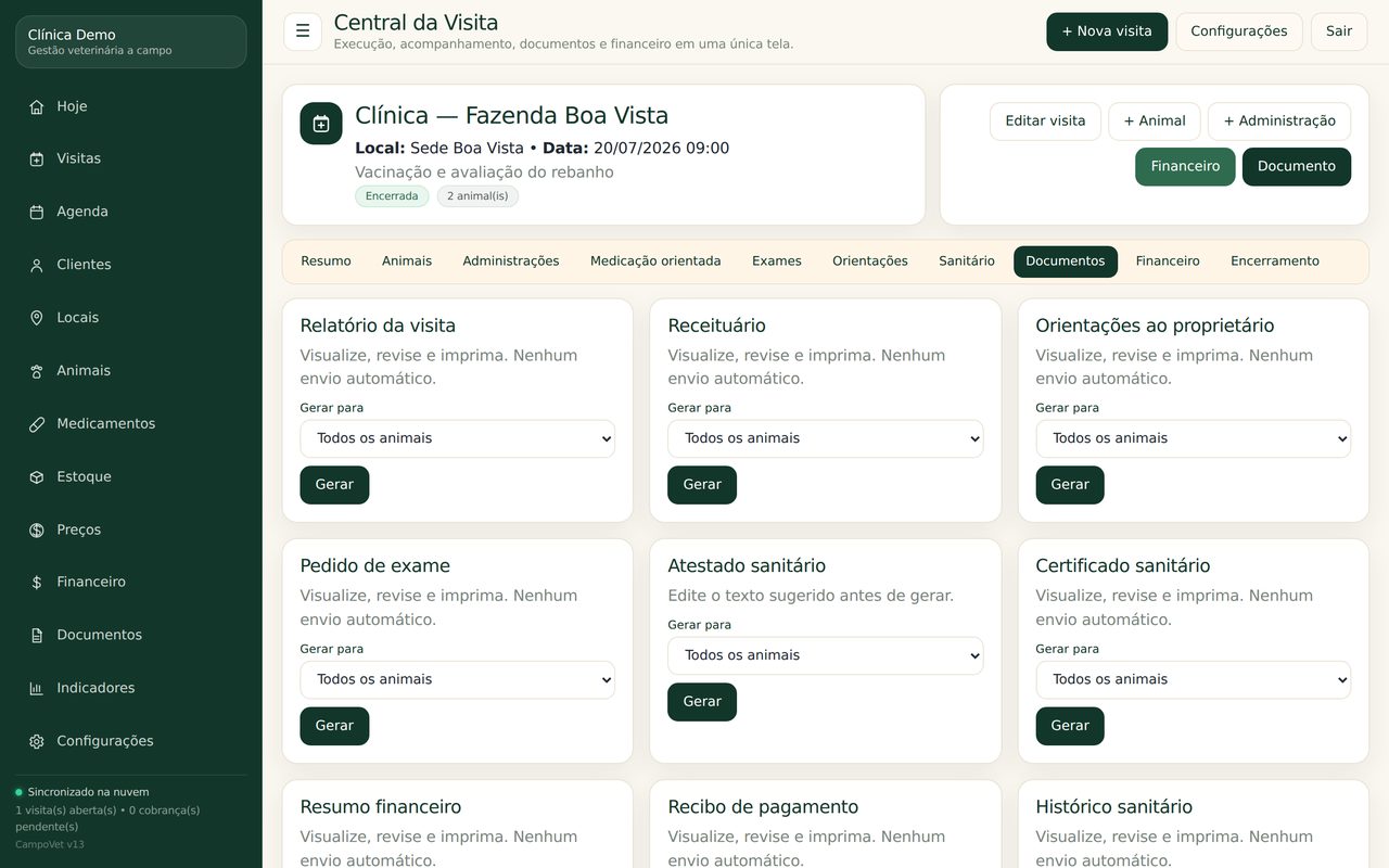 Tela de documentos da visita no CampoVet, com certificado sanitário, receituário e recibo